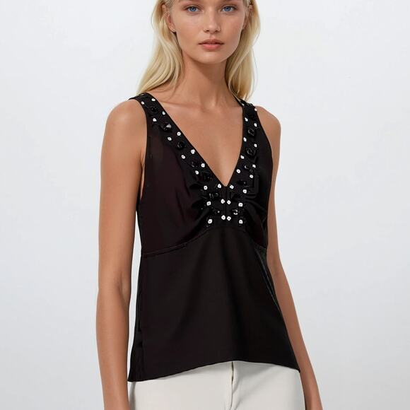 LOFT Brown Beaded Sleeveless Ribbed Knit Tank Blouse - Picture 1 of 10
